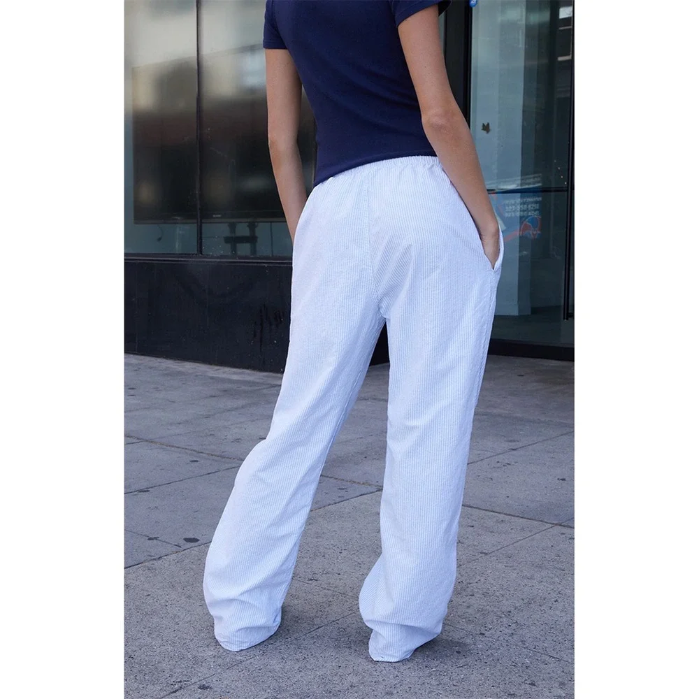 John Galt Low Rise Striped 100% Cotton Sweatpants Blue White Wide Leg Baggy - Picture 3 of 9